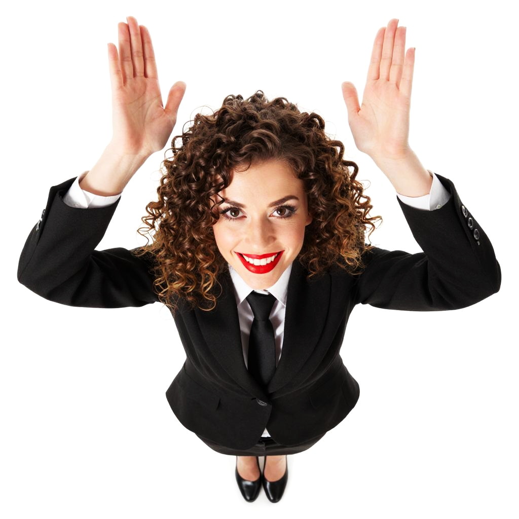Confident Curly-Haired Woman in Black Suit Raising Hands Playfully