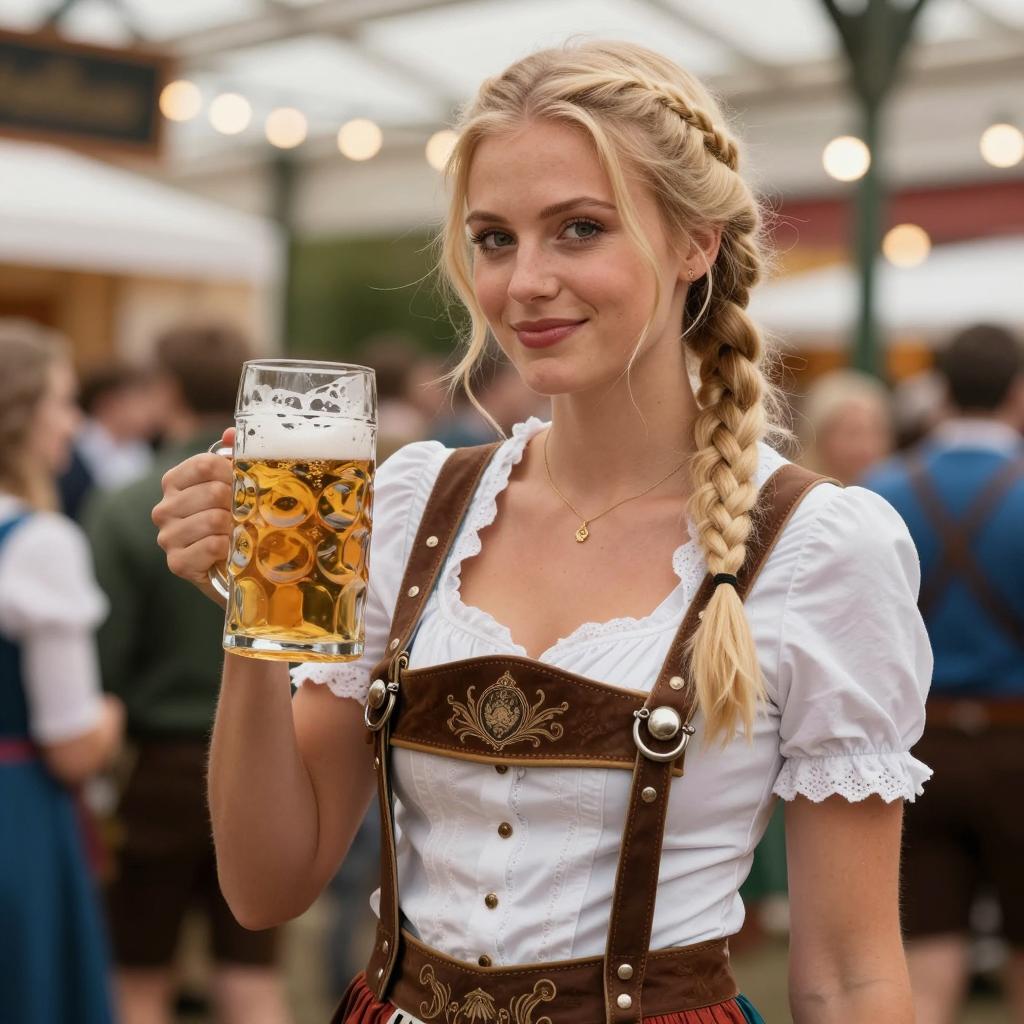 Young Woman in Traditional Bavarian Dirndl Holding Beer Mug at Festival