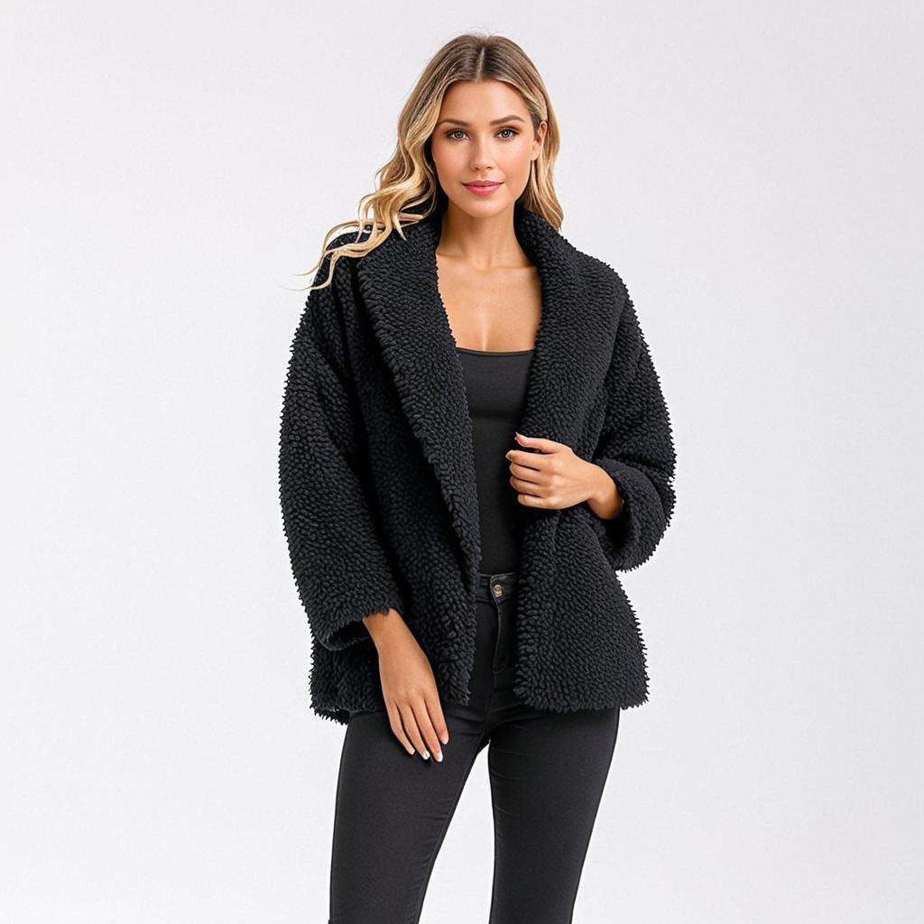 Stylish woman in black faux fur jacket