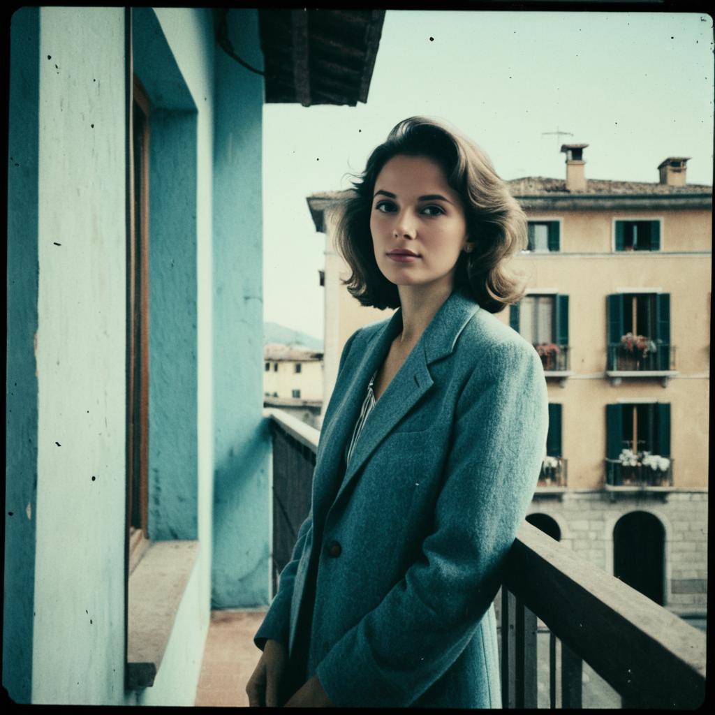Vintage Style Woman on European Balcony in Teal Coat