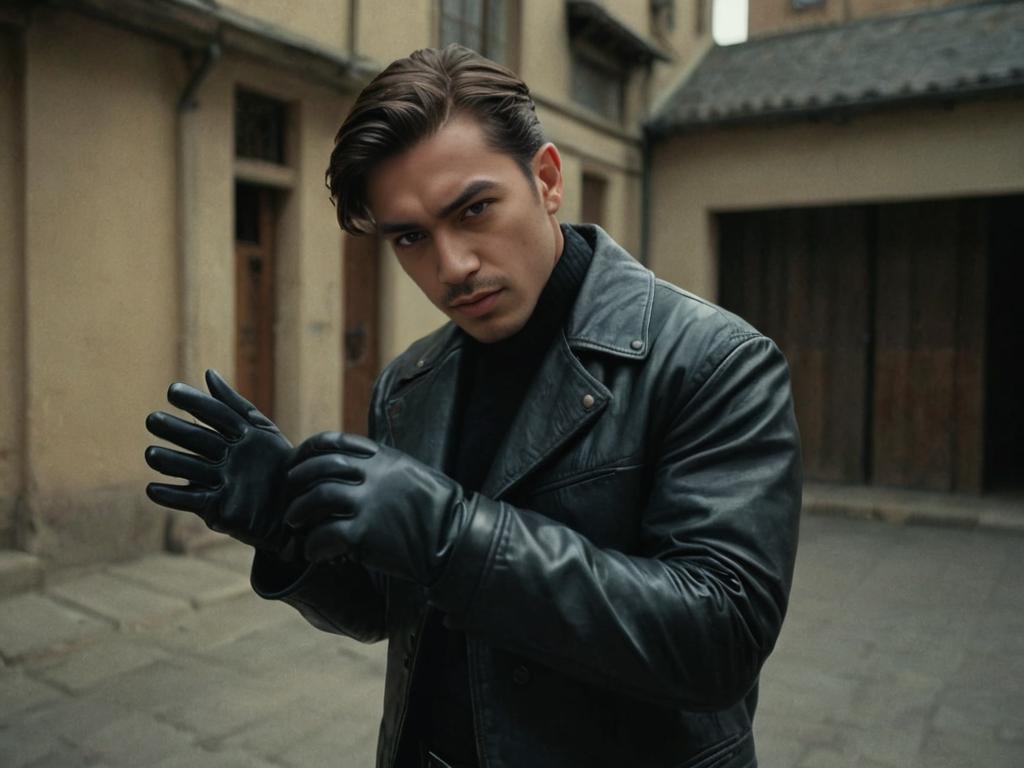 Stylish man in leather jacket and gloves