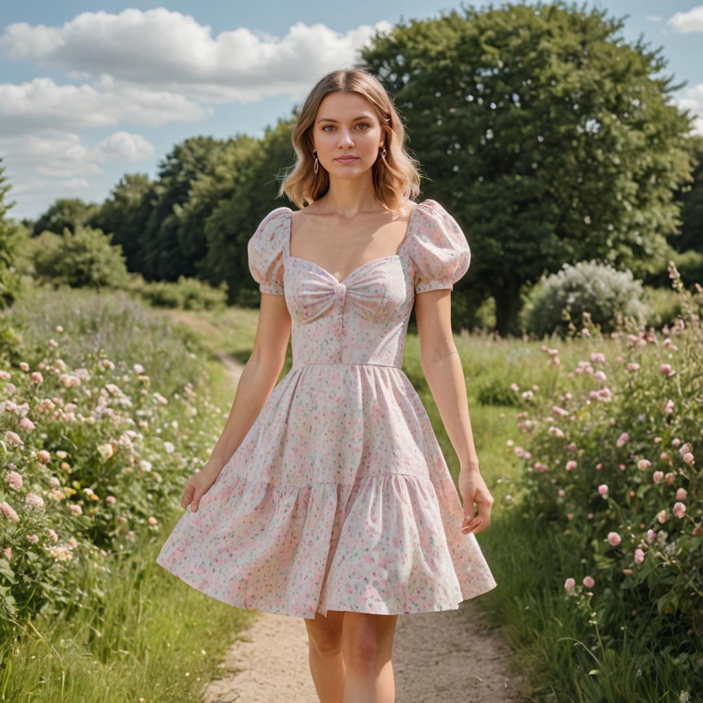 Woman in Vintage Floral Dress Walking in Meadow