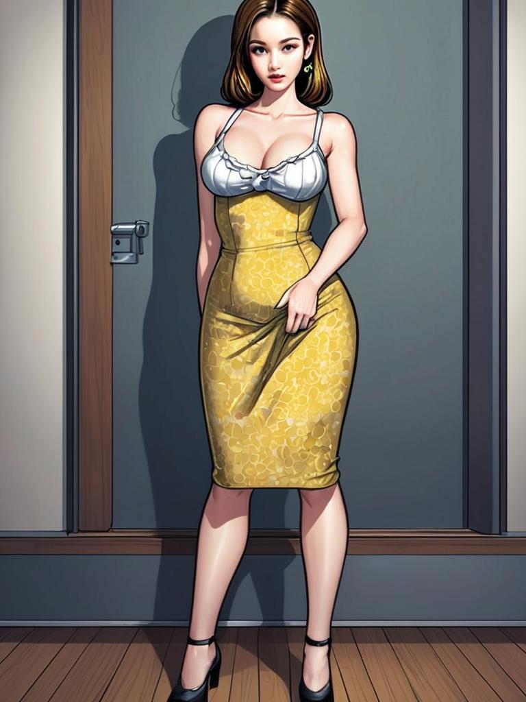 Stylish Young Woman in Yellow Skirt and White Top Digital Illustration