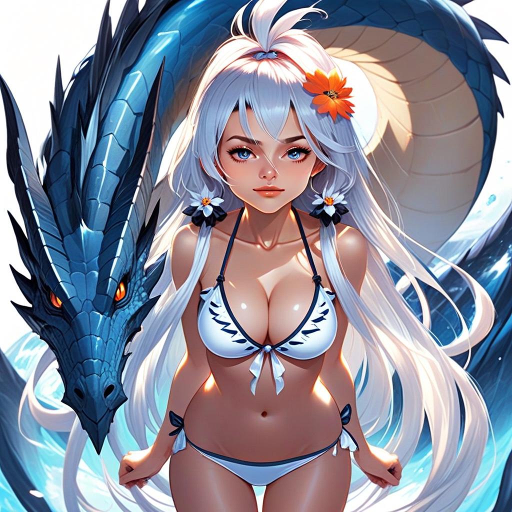 Zooey from Granblue Fantasy in White Bikini with Majestic Blue Dragon - Anime Fantasy Artwork
