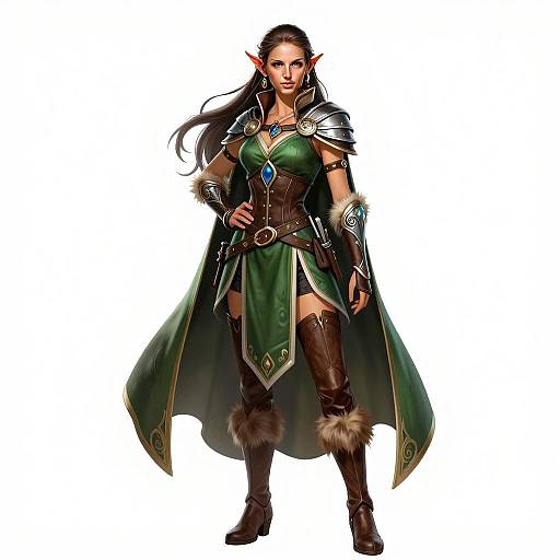 Fantasy Female Elf Warrior in Green Leather Armor and Cape