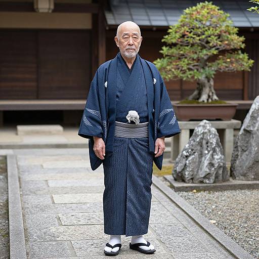 Elderly Man in Traditional Dark Blue Kimono in Japanese Garden