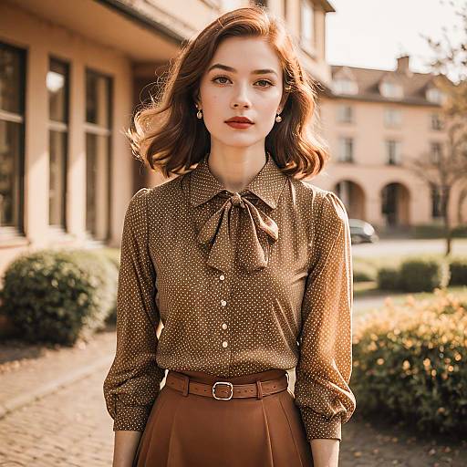 Retro Style Woman in Brown Polka Dot Blouse Outdoors