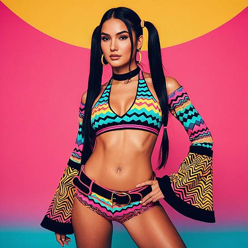 Retro 1970s Style Woman in Colorful Zigzag Pattern Outfit