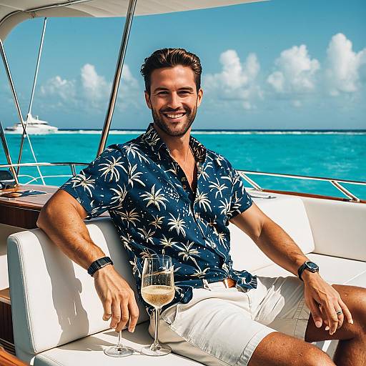 Man Relaxing on Yacht with Palm Tree Shirt and Glass of Wine by Ocean