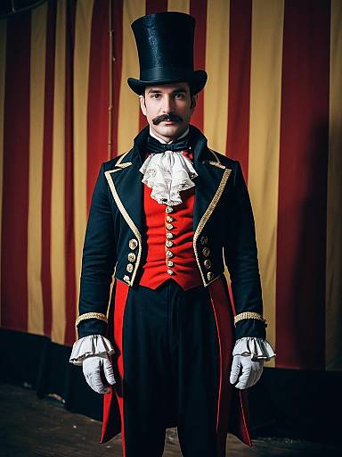 Man in Vintage Circus Ringmaster Costume with Top Hat and Tailcoat