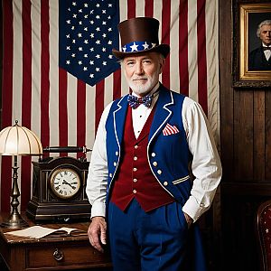 Patriotic Elderly Man in Uncle Sam Outfit with Vintage American Flag Background