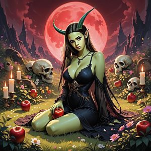 Mystical Woman with Green Skin and Horns Under Red Moon