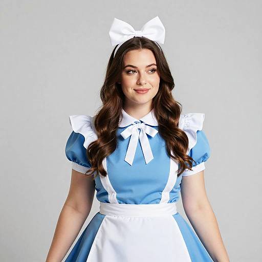 Young Woman in Blue and White Maid Costume with Bow Headband