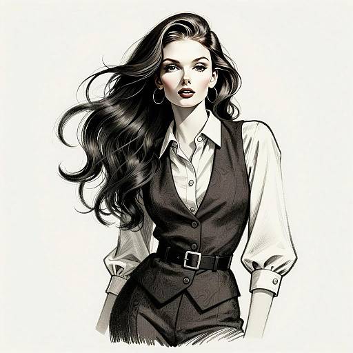 Stylish Young Woman in Patterned Vest Digital Illustration