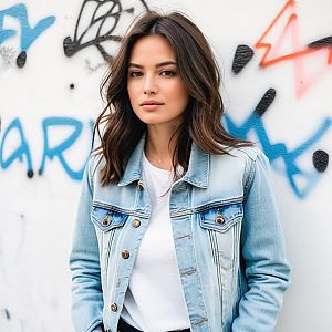 Confident woman in denim jacket against graffiti wall