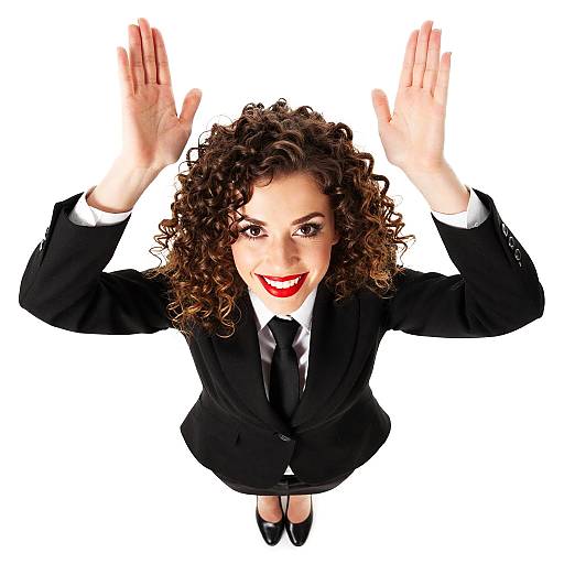 Confident Curly-Haired Woman in Black Suit Raising Hands Playfully