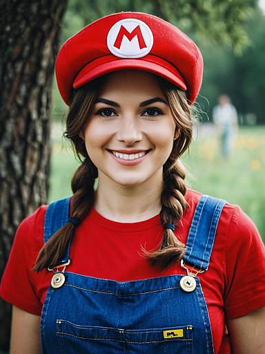 Realistic Mario Costume Woman in Red Hat and Overalls Outdoor Portrait