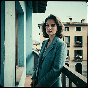 Vintage Style Woman on European Balcony in Teal Coat