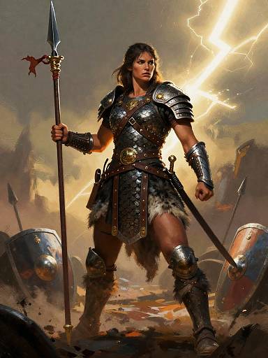 Epic Fantasy Female Warrior in Scale Armor with Spear and Lightning