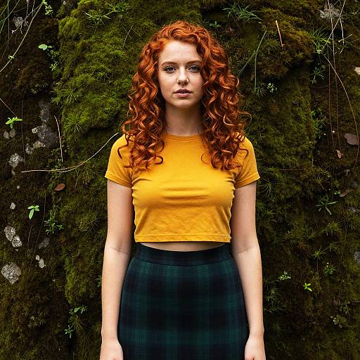 Young Woman with Curly Red Hair in Mustard Crop Top Outdoors