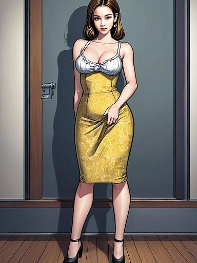 Stylish Young Woman in Yellow Skirt and White Top Digital Illustration