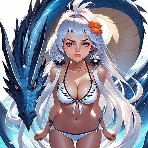Zooey from Granblue Fantasy in White Bikini with Majestic Blue Dragon - Anime Fantasy Artwork