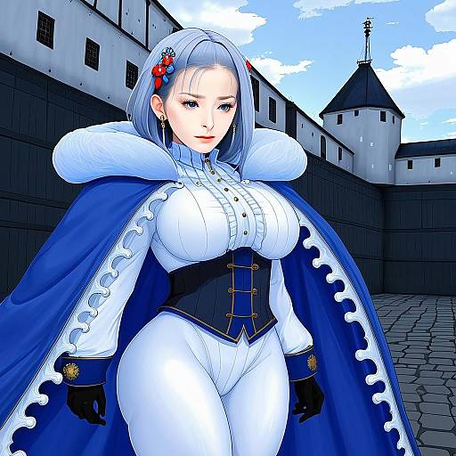 Anime Woman in Blue and White Outfit at Akershus Fortress Illustration