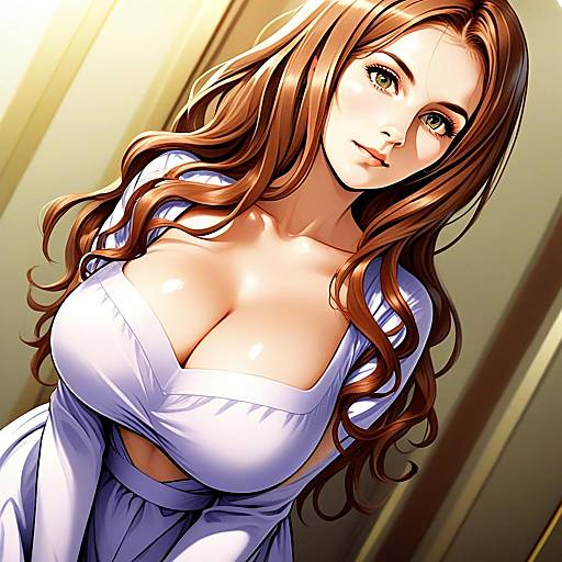 Anime Style Illustration of Woman with Long Brown Hair in White Dress