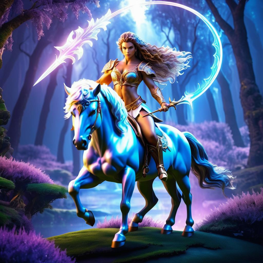 Warrior Woman on Glowing Horse in Enchanted Forest