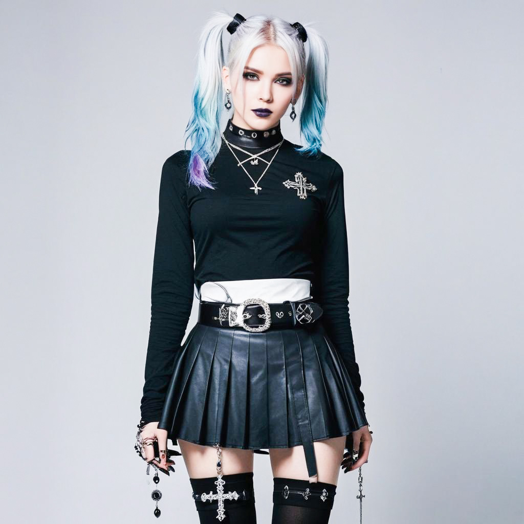 Modern Goth Woman in Pleated Leather Skirt Modern Goth Woman in Pleated Leather Skirt