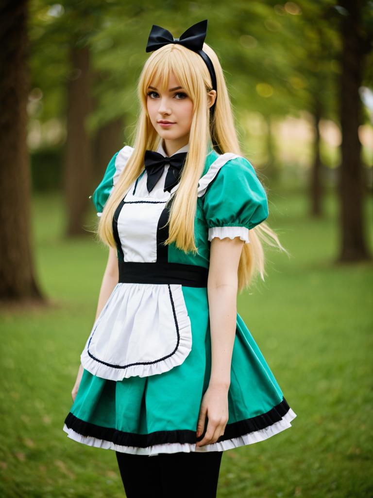 Blonde Woman in Teal Maid Costume with Black Bow in Outdoor Park