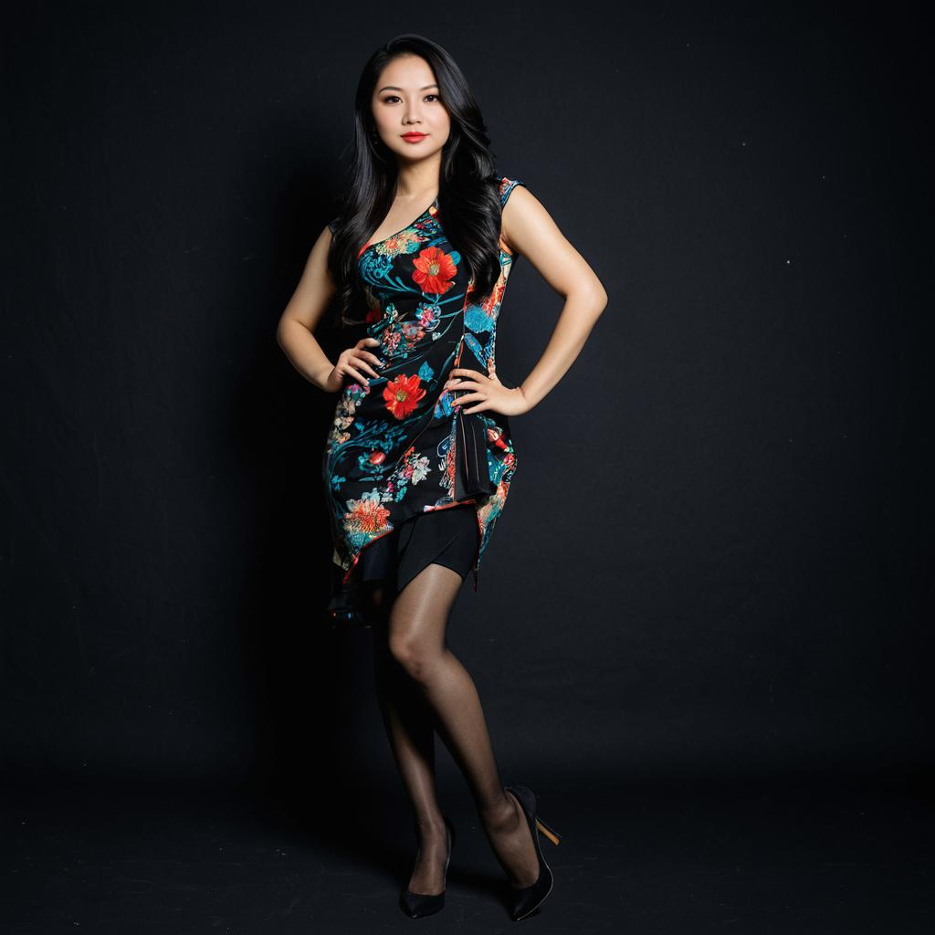 Confident Woman in Floral Dress Elegant Pose on Black Background