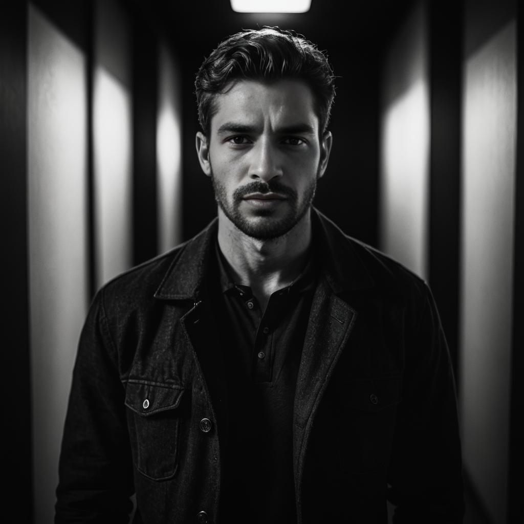 Black and White Portrait of a Confident Man in a Narrow Hallway