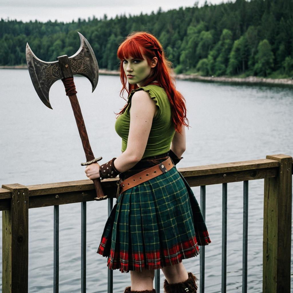 Determined Woman with Axe Overlooking Lake