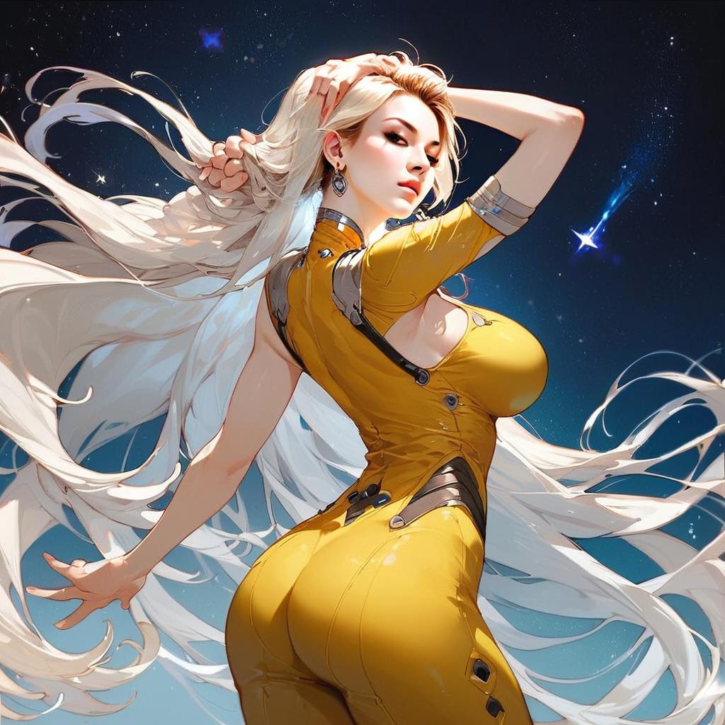 Sci-Fi Anime Woman in Yellow Futuristic Outfit with Flowing Hair