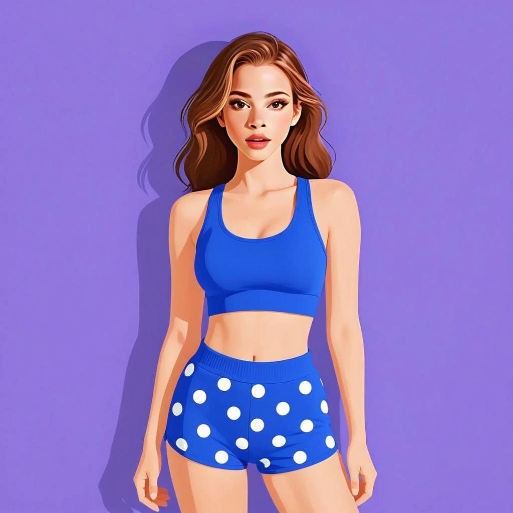 Sporty Woman in Blue Cotton Bralette and Polka Dot Shorts
