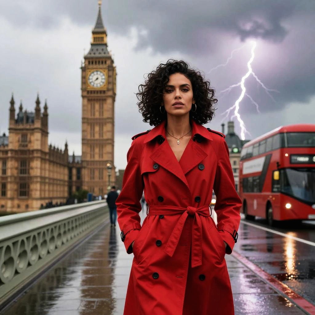 Confident Woman in Red Trench Coat on London Bridge with Big Ben and Lightning