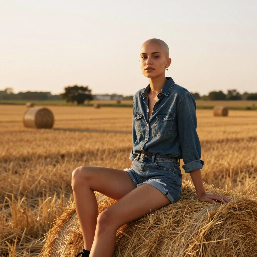 Trendy Young Woman in Denim Sitting on Hay Bale in Wheat Field