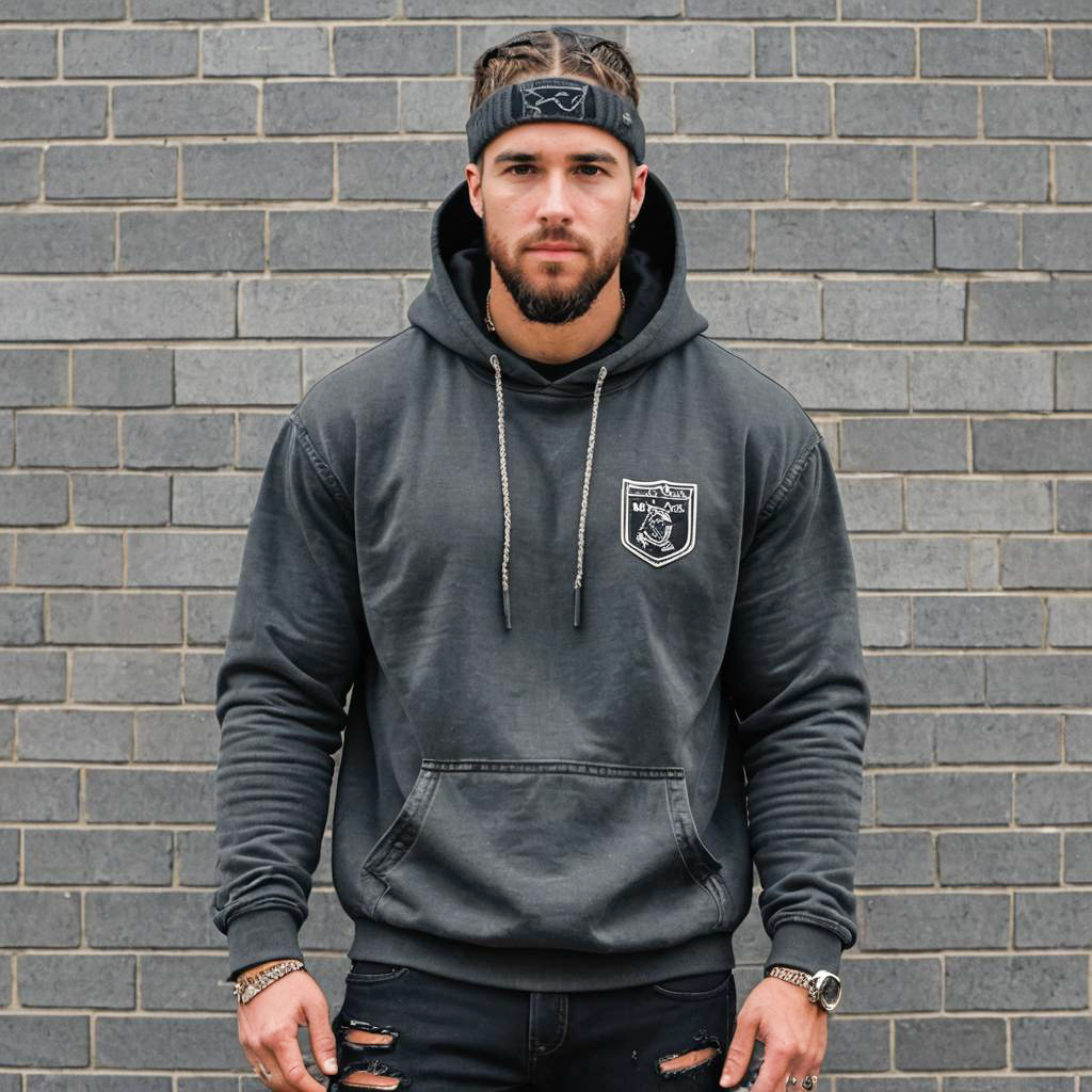 Confident Man in Dark Hoodie Against Gray Wall