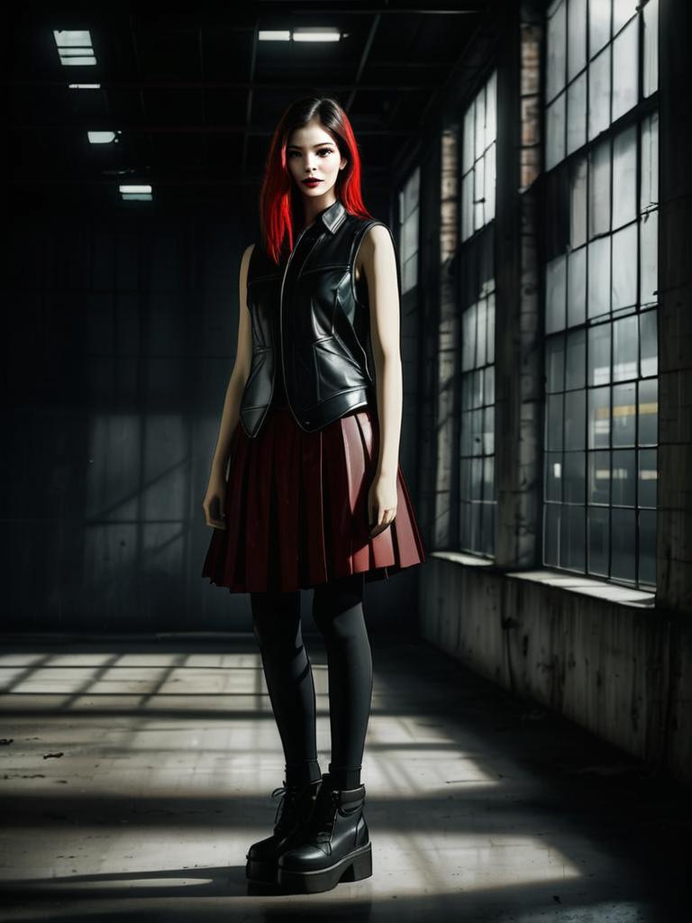 Fashionable Woman in Leather Vest and Pleated Skirt in Industrial Loft