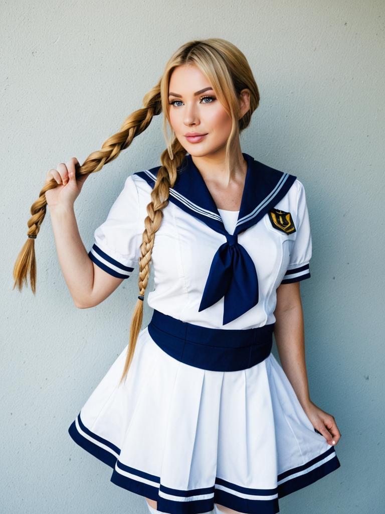 Young Woman in Classic Sailor-Style School Uniform with Blonde Braids