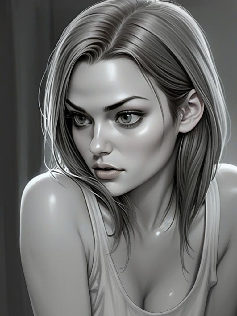 Monochrome Digital Portrait of Young Woman in Hyperrealistic Style
