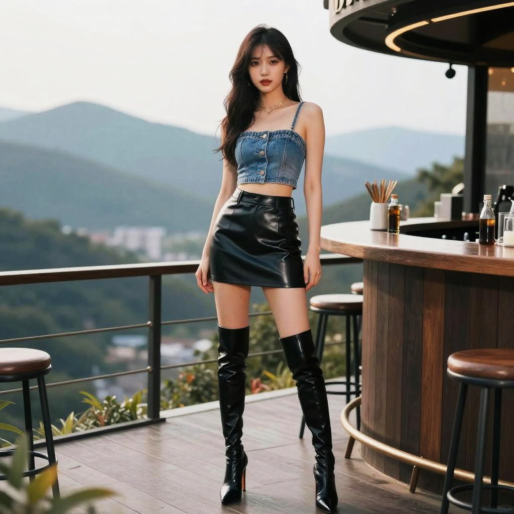 Willowy Woman in Edgy Urban Style Denim Corset and Leather Skirt