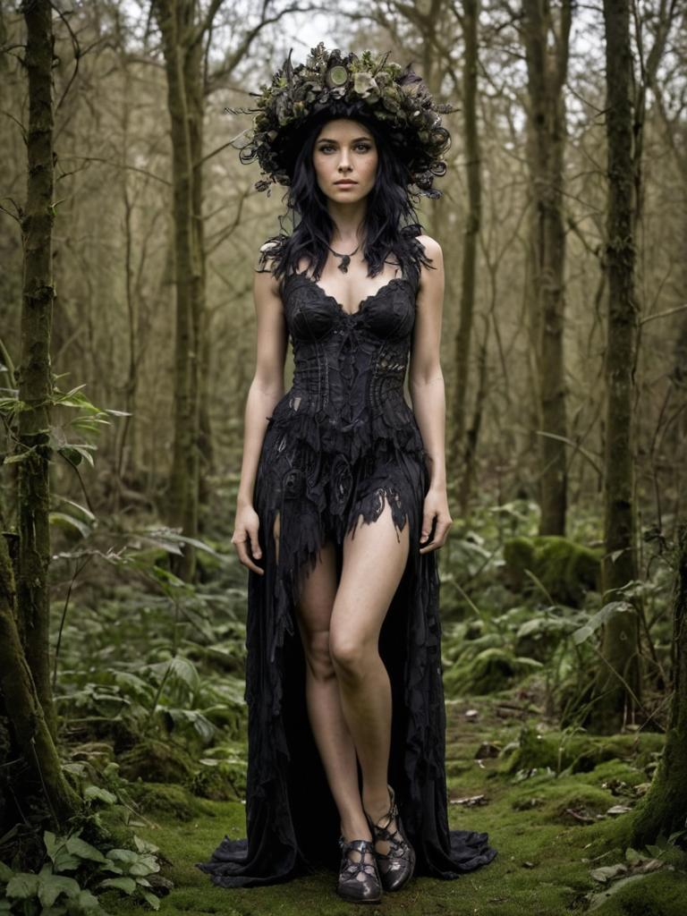 Enchanting Woman in Black Gown in Forest