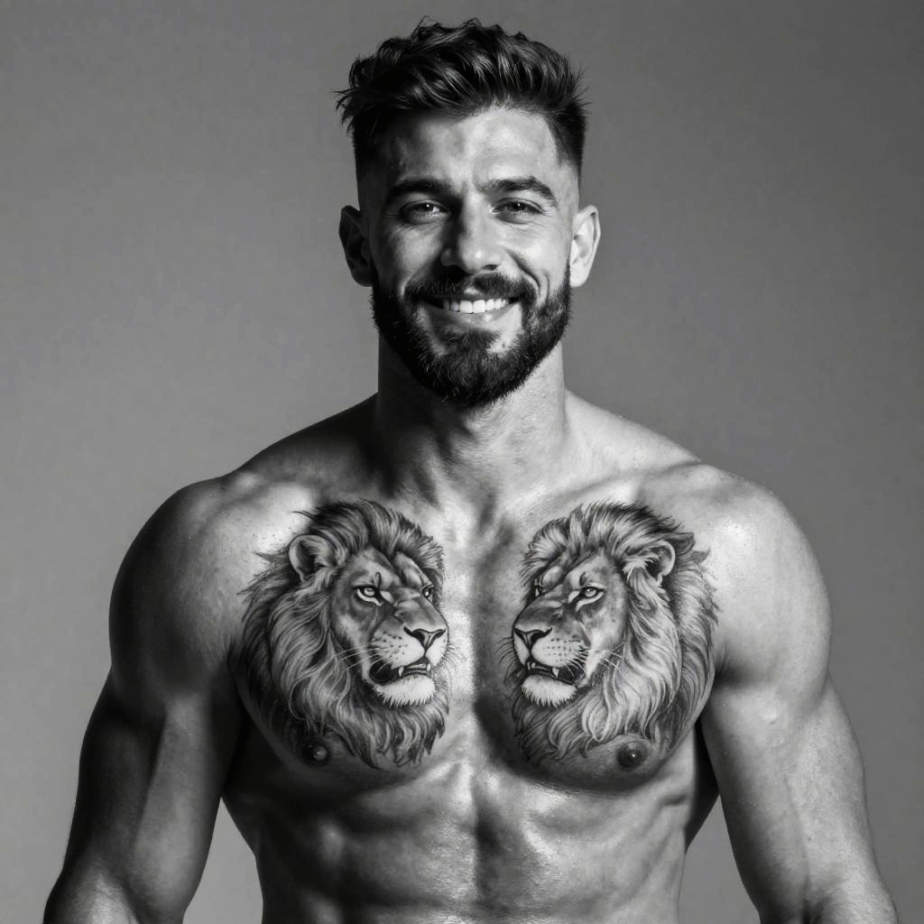 Muscular Man with Detailed Lion Head Chest Tattoos in Black and White