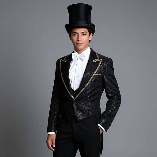 Young Man in Elegant Black Tuxedo with Top Hat and Bow Tie
