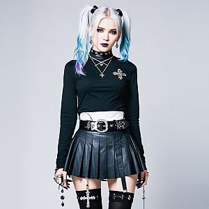 Modern Goth Woman in Pleated Leather Skirt