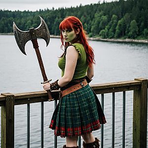 Determined Woman with Axe Overlooking Lake