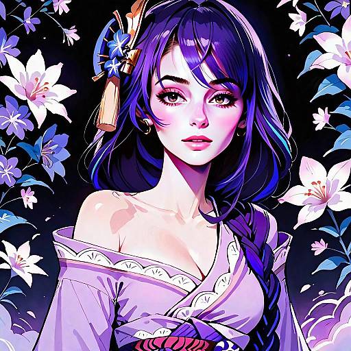 Anime Style Portrait of Woman with Purple Hair and Floral Kimono