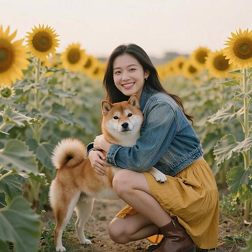 Young Woman Hugging Shiba Inu Dog in Sunflower Field